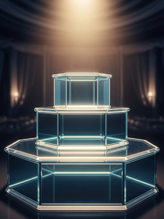 Multi-tiered hexagonal glass display pedestals with neon blue edging, illuminated by dramatic spotlighting, creating a luxurious presentation space.の素材