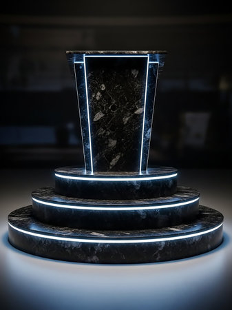 A modern, tiered circular podium made of black marble with glowing white neon light accents, set against a dark background.の素材