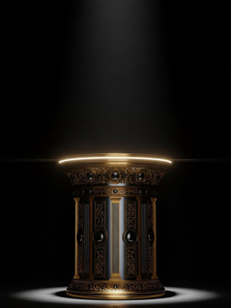 An ornate golden and dark metal pedestal is dramatically lit by a spotlight from above, casting a glow and lens flare against a dark background.の素材
