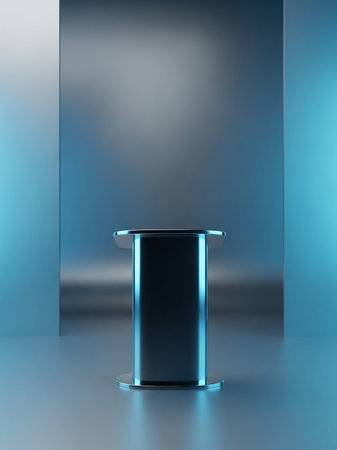 A sleek dark metallic podium with bright blue neon lighting stands in a reflective blue and grey studio environment, creating a futuristic atmosphere.の素材