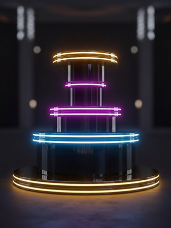 A dark, multi-tiered cylindrical display stand is illuminated by vibrant neon rings of blue, purple, and yellow light against a blurred background.の素材
