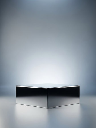 A polished silver cube pedestal sits on a reflective surface, illuminated by soft gradient lighting from above, creating a minimalist studio setting.の素材