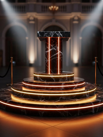 An ornate marble podium with glowing orange neon lights sits on a tiered circular base in a grand, dimly lit interior space.の素材