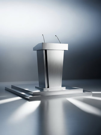 A sleek silver podium with two microphones stands on a reflective surface, with dramatic light rays casting shadows.の素材