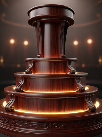 A richly detailed, ornate wooden podium with multiple tiers is illuminated by warm orange lights, set against a dark, softly lit background.の素材