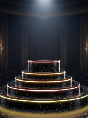 A multi-tiered black marble podium with glowing neon rings on each level, set against a dramatic, spotlighted background.の素材