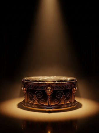 An ornate, circular display pedestal with a marble top and decorative lion heads, illuminated by a dramatic spotlight against a dark background.の素材