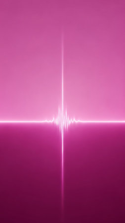 A bright neon pink sound wave pulse is centered with a vertical and horizontal light beam against a gradient pink and magenta background.の素材