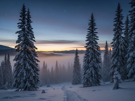 A serene winter landscape at dawn with snow-covered pine trees lining a path through a misty forest, illuminated by the soft glow of sunrise.の素材