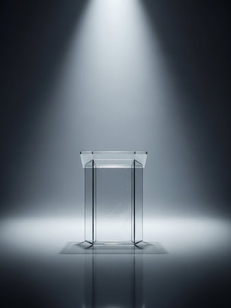 A sleek, transparent glass podium is dramatically lit by a single spotlight against a gradient background, highlighting its modern design.の素材