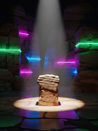 A rough stone pedestal is dramatically lit by a spotlight in a dark cave, with colorful neon lights accentuating the rocky walls.の素材