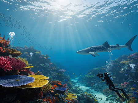 A scuba diver films a majestic whale shark swimming past a vibrant coral reef teeming with jellyfish and a school of fish, illuminated by sun rays.の素材