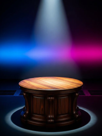 A polished, dark wooden round table sits on a dark stage, illuminated by a bright white spotlight and a gradient of blue and pink colored lights.の素材