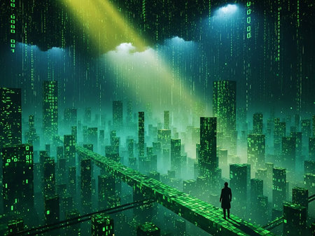 A lone figure stands on a glowing digital bridge overlooking a vast, dark, futuristic cityscape with green lights and falling binary code.の素材