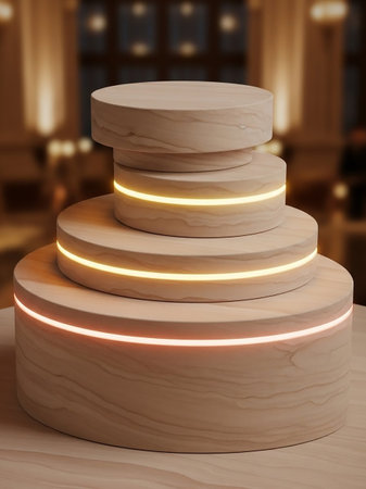 A tiered display of wooden cylinders with integrated glowing LED light strips in warm orange and yellow hues, set against a softly blurred background.の素材