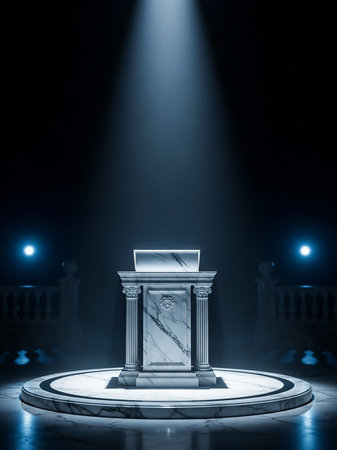 An ornate marble podium with classical columns stands under a dramatic spotlight in a dark hall, with glowing lights in the background.の素材
