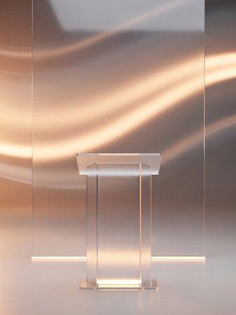A transparent acrylic podium stands against a soft golden light with a wavy, abstract background, creating an elegant display.の素材
