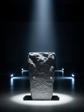 A rough, textured stone pedestal is dramatically illuminated by a spotlight in a dark room, creating a focused display.の素材