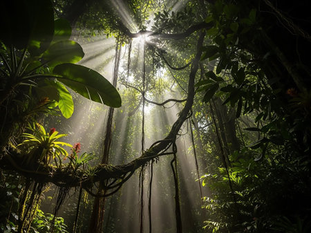 Sunbeams stream through a dense jungle canopy, illuminating hanging vines and lush green foliage in a vibrant, natural scene.の素材