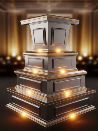 A dark, ornate, tiered podium with golden trim and glowing orange lights sits on a stage in a dimly lit hall with blurred background lights.の素材