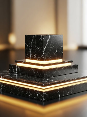 Three stacked black marble pedestals with sharp edges, each featuring integrated golden LED lighting, creating a luxurious and modern display.の素材