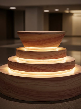 A tiered wooden display stand with a natural wood grain features integrated warm LED lighting between each circular layer, creating a soft glow.の素材