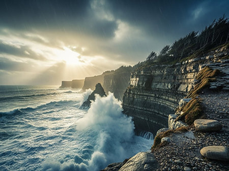 Powerful ocean waves crash against dramatic, rugged cliffs under a stormy sky as sun rays pierce through the clouds, creating a wild and beautiful seascape.の素材