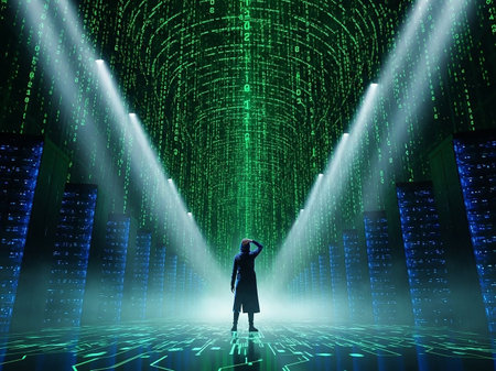 A lone silhouette stands in a vast futuristic digital space with falling green binary code and illuminated pathways.の素材