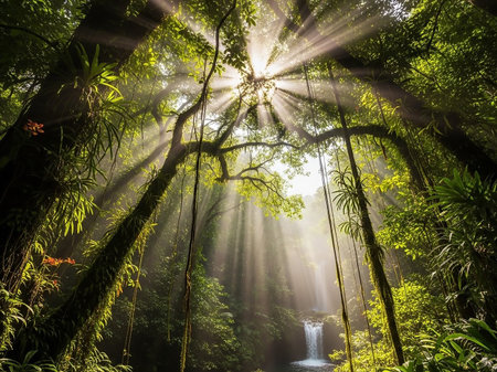 Sunbeams pierce the dense green canopy of a tropical rainforest, illuminating a small waterfall and the surrounding lush foliage.の素材