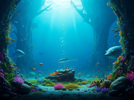 A vibrant underwater scene with colorful coral, diverse fish, and ancient tree-like structures, illuminated by bright sunbeams filtering through the clear blue water.の素材