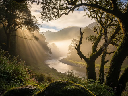 Golden sunbeams stream through a misty forest, highlighting a winding river and moss-covered trees in a serene natural landscape.の素材