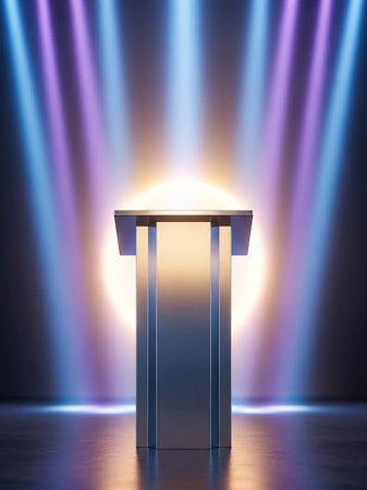 A sleek, metallic podium stands center stage, bathed in dramatic spotlights and atmospheric purple and blue lighting against a dark background.の素材