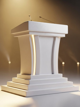 A white, modern podium with two microphones stands on a stage illuminated by spotlights and soft bokeh lights in the background.の素材