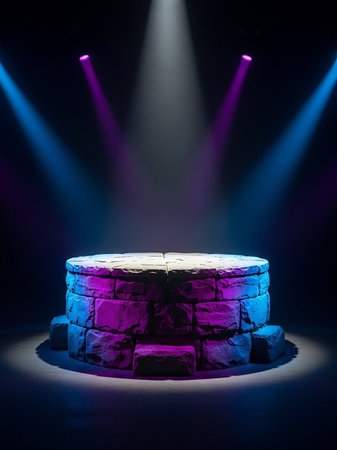 A circular stone podium with steps is illuminated by dramatic blue and purple stage lights in a dark environment.の素材