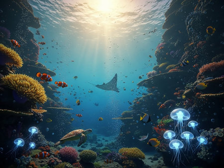 A breathtaking underwater scene filled with colorful coral, diverse fish, a stingray, a turtle, and glowing jellyfish illuminated by sunbeams.の素材