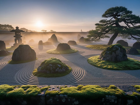 A serene Japanese Zen garden features meticulously raked sand, moss-covered rocks, and a stone lantern bathed in the soft light of sunrise.の素材