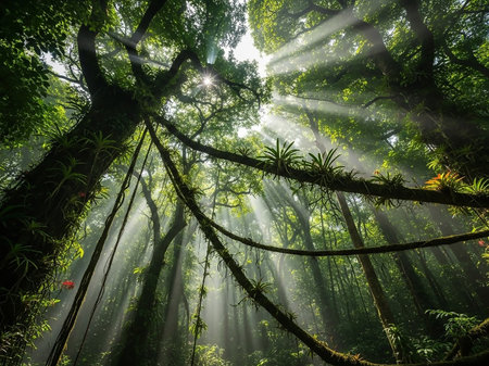 Sunbeams pierce through the dense green canopy of a lush rainforest, illuminating hanging vines and vibrant foliage.の素材