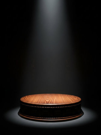 A round wooden podium with detailed edging is dramatically lit by a spotlight against a dark, moody background.の素材