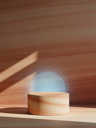 A natural wooden cylindrical pedestal sits on a wooden surface, illuminated by a soft blue circular light against a warm, wood-grained background with dappled sunlight shadows.の素材