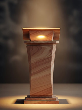 A polished wooden podium with a visible wood grain texture, illuminated by a dramatic spotlight from above, casting a warm glow.の素材