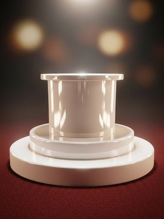 A clean, white ceramic pedestal with tiered levels sits on a red textured surface, illuminated by a spotlight and soft bokeh lights.の素材