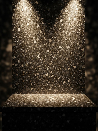 A dark, speckled terrazzo wall and shelf are illuminated by two spotlights, creating a dramatic presentation space.の素材