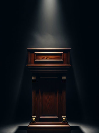 A dark wooden podium with classical details is dramatically lit by a single spotlight from above against a black background.の素材