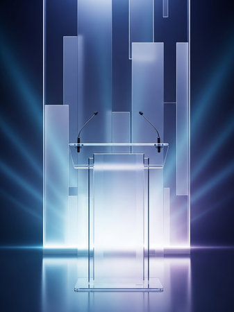 A sleek, transparent acrylic podium with microphones stands on a reflective surface, set against an abstract blue and purple gradient background with light rays.の素材