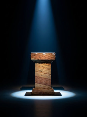 A weathered stone pedestal with a textured surface stands under a dramatic spotlight against a dark background, emphasizing its raw form.の素材