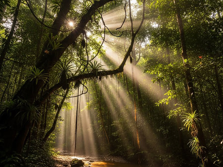 Golden sunbeams pierce through the dense canopy of a lush jungle, illuminating a winding stream and the vibrant green foliage of the forest.の素材
