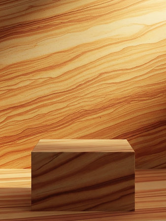 A wooden cube podium sits on a wooden surface against a textured sandstone background with dramatic lighting creating shadows and highlights.の素材