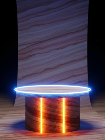 A wooden pedestal with a blue neon ring and orange vertical lights, set against a wood grain background, creating a modern display for products.の素材