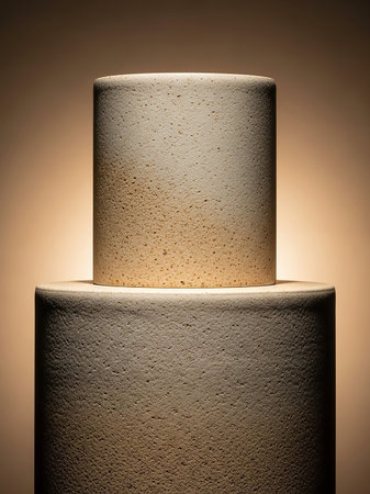 Two textured cylindrical stone objects are stacked, with warm backlighting highlighting their rough surfaces and creating a soft gradient.の素材