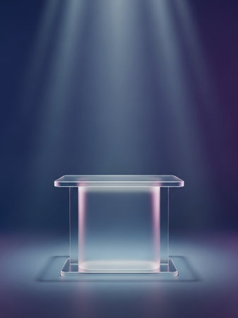 A clear acrylic podium stands on a reflective surface, illuminated by soft spotlights from above against a dark blue and purple gradient background.の素材